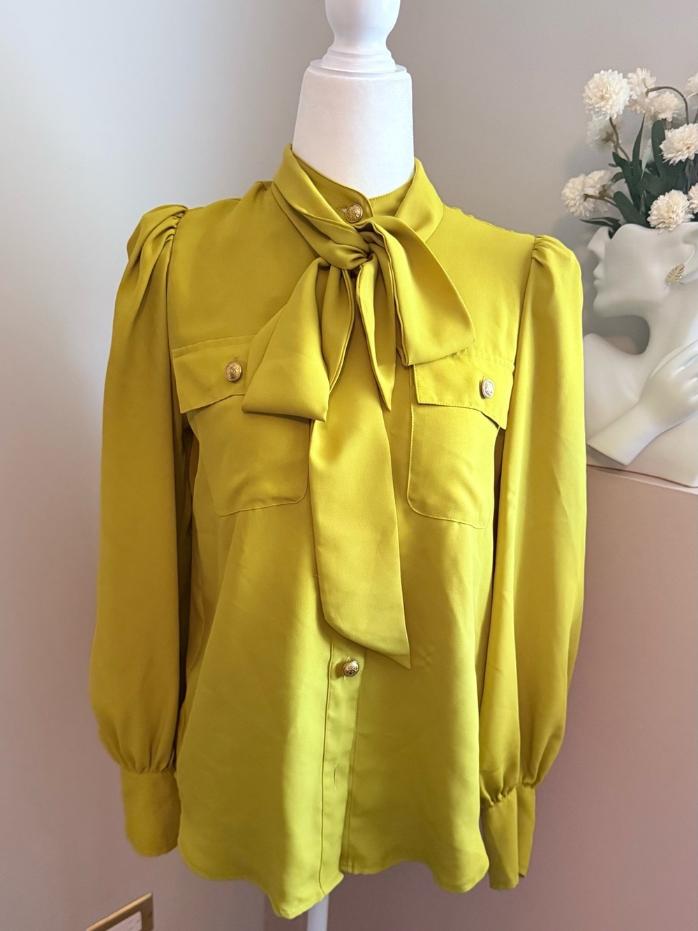 Express Women’s Small Tie-Neck Green Gold Botton Blouse